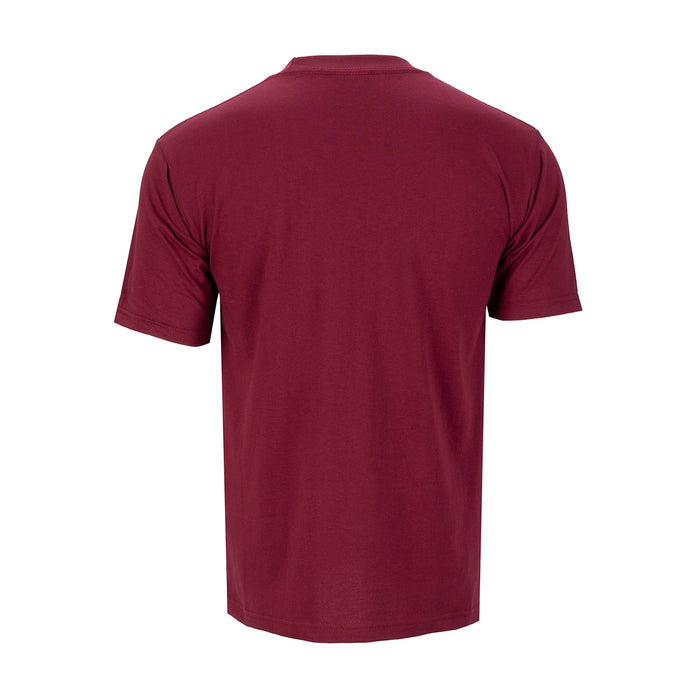 Men's heavyweight solid maroon crew-neck T-shirt, back view