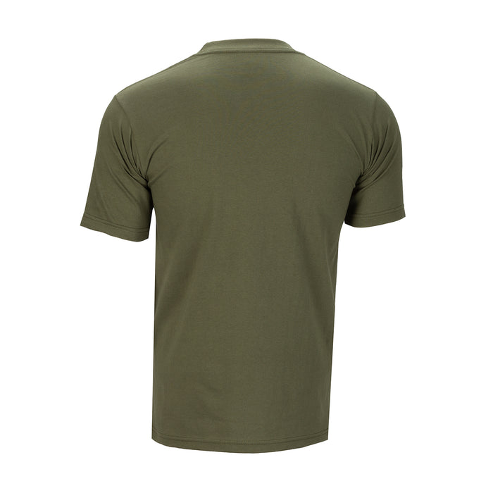 Men's heavyweight olive crew neck T-shirt, short sleeves, back view