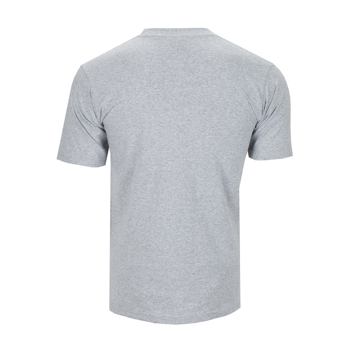 Grey crew neck T-shirt, short sleeves, plain back, solid knit for men