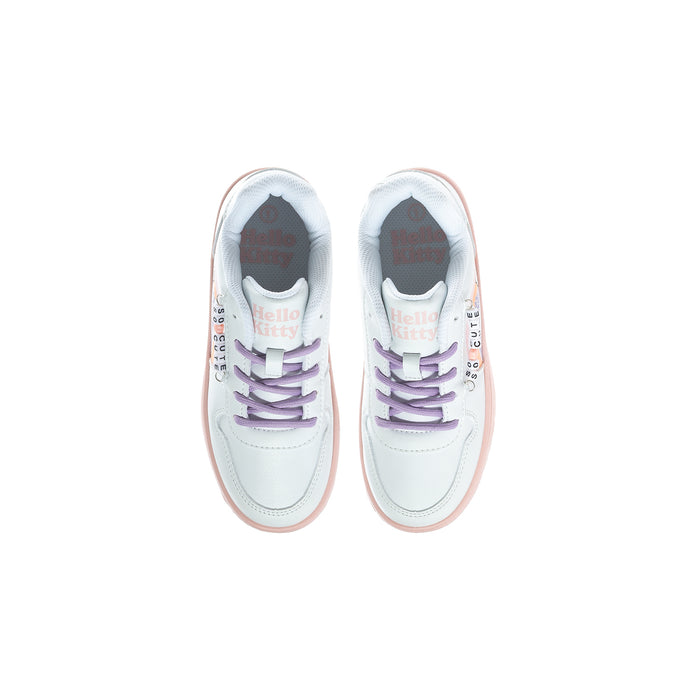 Kids white sneakers top view with purple laces and light blue interior lining