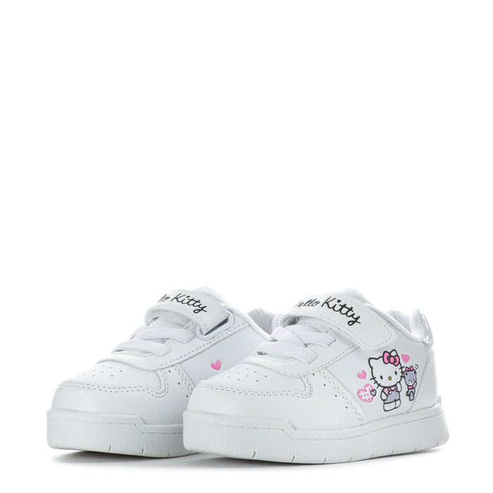 White toddler court sneakers with Hello Kitty on tongue and bow detail, front view