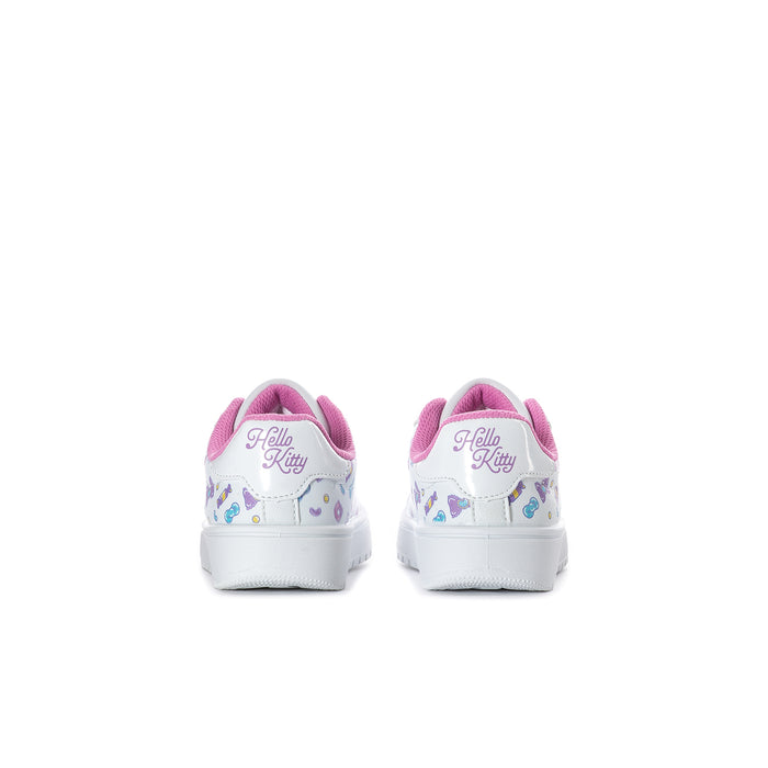Kids Hello Kitty skate sneakers, back view with pink trim and heel lettering
