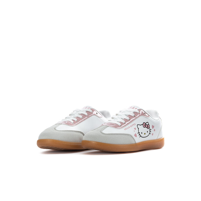 Kids low-top sneakers, side view with Hello Kitty face on white upper and tan gum sole.