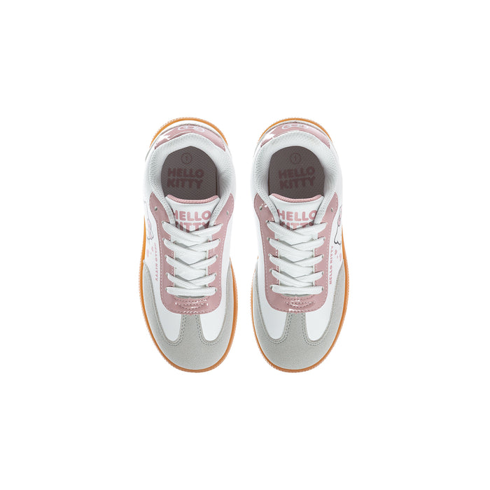 Kids lace-up sneakers, front view with pink heel accents and tan gum sole.