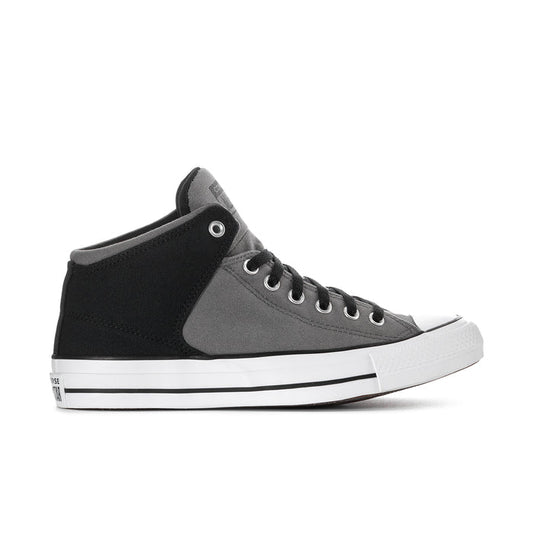 Men's mid-top Converse sneakers in dark gray and black with white rubber sole