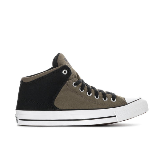 Men’s mid sneakers in olive and black with lace-up, eyelets, and white rubber sole.