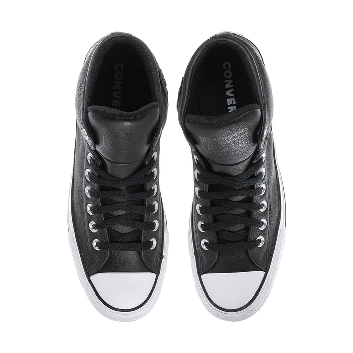 Men's black high-top sneakers, view of tongue with Converse logo, white toe bumper