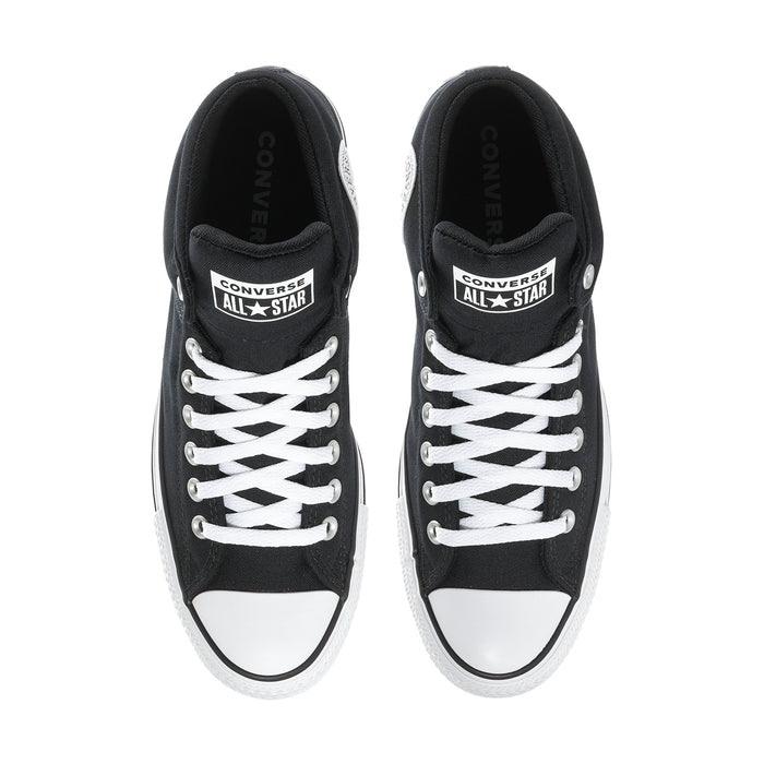 Men's black mid-top sneakers with white lace-up pattern and Converse All Star tongues