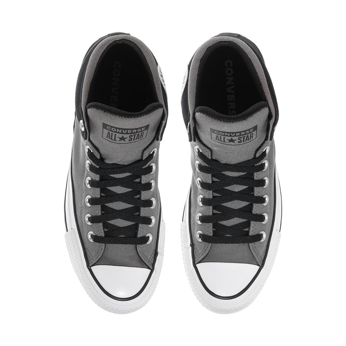 Pair of men's Converse high-top sneakers with gray tongues, black laces, white toe caps