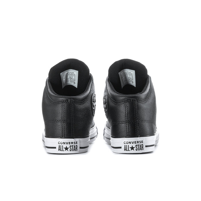 Men's black high-top sneakers, rear view with Converse All Star heel patch and white sole