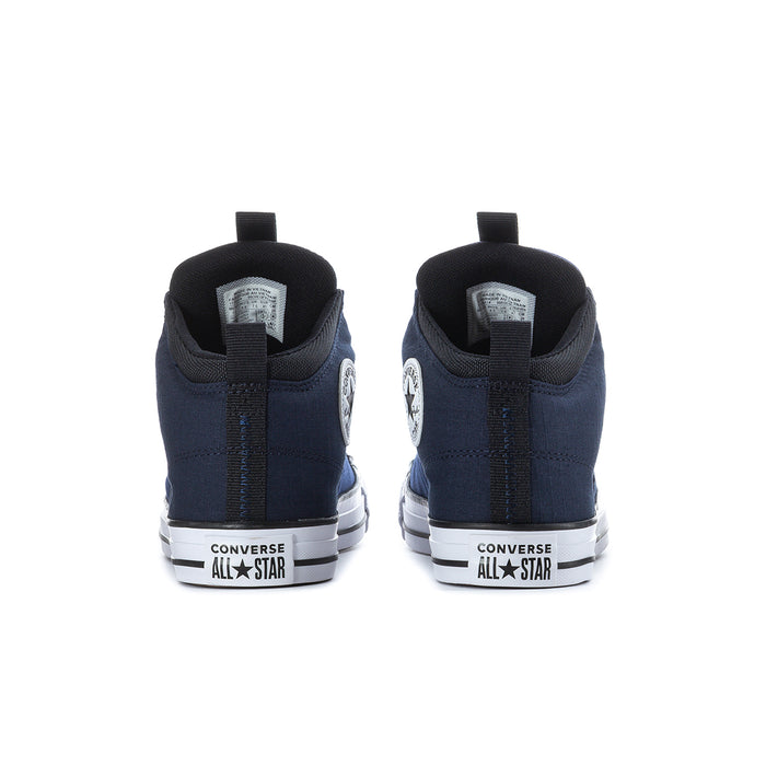 Back view of navy high-top sneakers with heel branding and white rubber sole