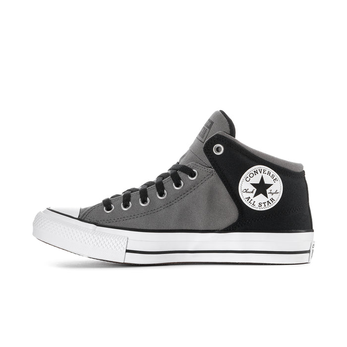 Men's Converse mid-top sneaker, black collar and toe, gray side panel, white sole