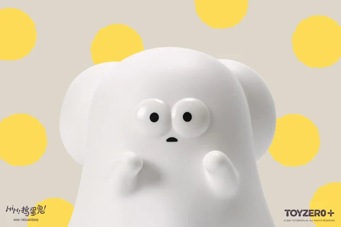 HiHi Trickster - Original ver.: A 10cm tall white vinyl toy with black eyes and a surprised expression, resembling a ghost.
