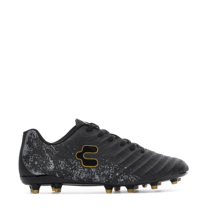 Men's black soccer cleat, side profile with textured pattern and gold emblem