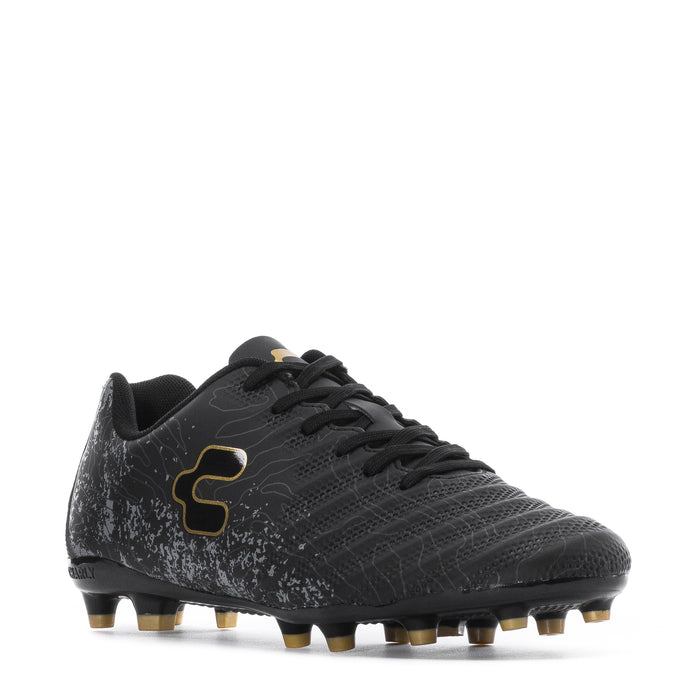 Men's black soccer cleat with gold C-style emblem, lace-up and spiked sole