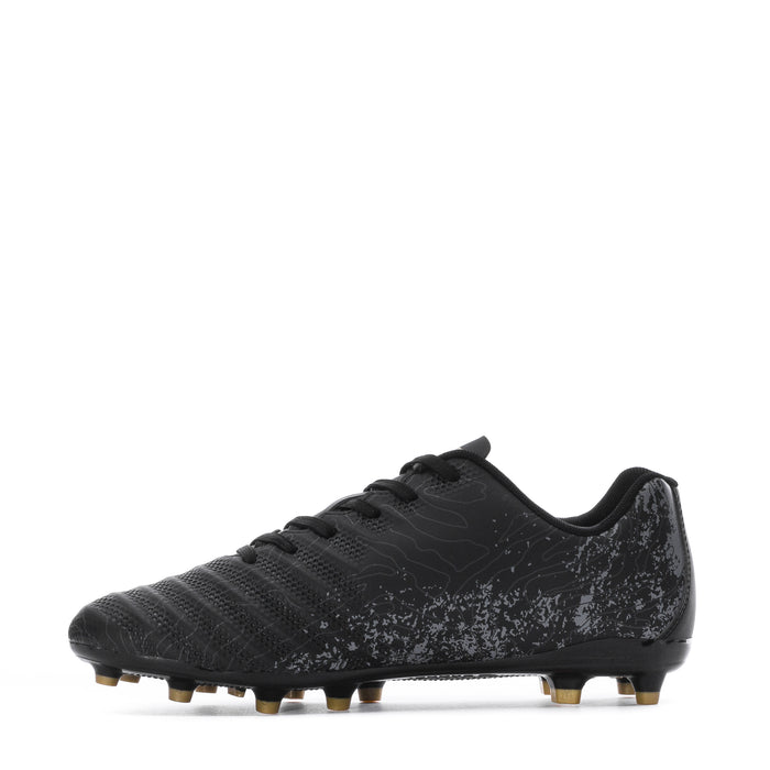 Men's black soccer cleat with gold logo, textured upper, molded stud sole