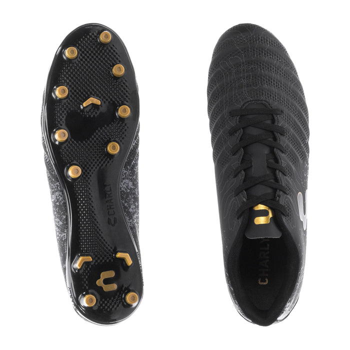 Men's black soccer cleat bottom and interior view, gold studs and logo