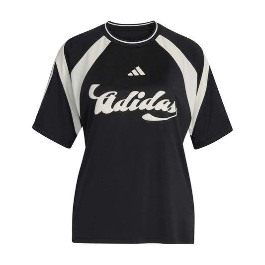 Women’s black jersey top with off-white raglan panels and Adidas logo
