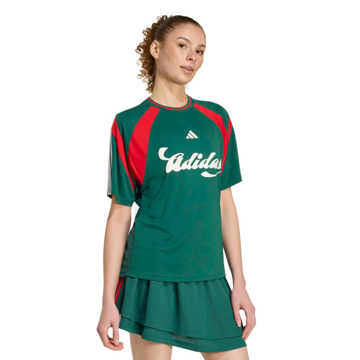 Womens dark green tennis dress with red panels, white adidas logo, and tiered skirt