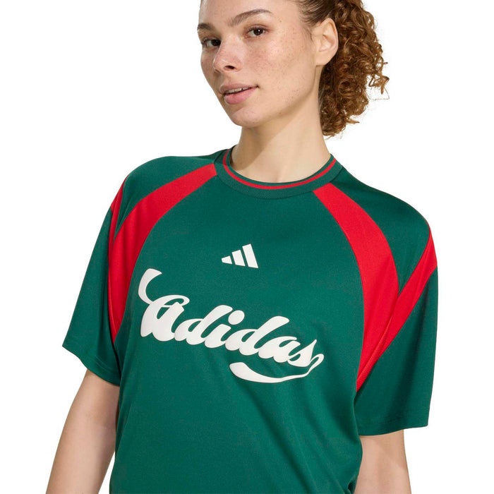 Womens dark green jersey with red raglan seams and large white adidas logo