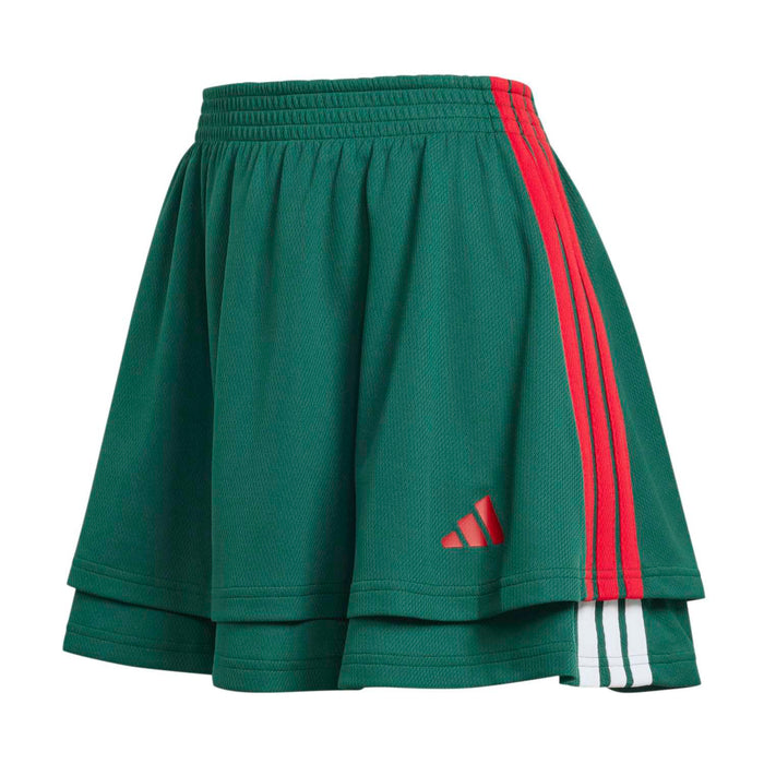 Women's dark green athletic mini skirt with red side stripe and white-trim hem
