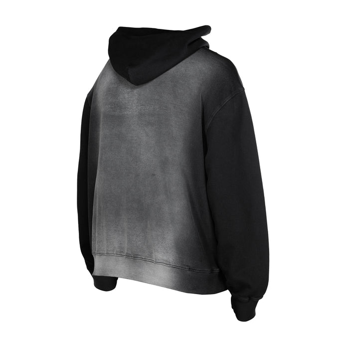 Men's black faded hoodie, close back view with hood and long sleeves