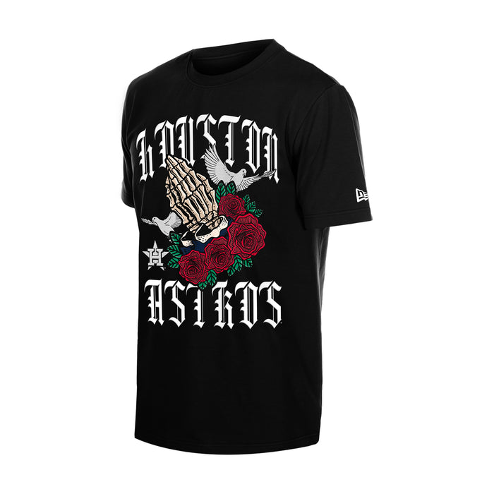 Men's black graphic tee with gothic hand and red rose front print