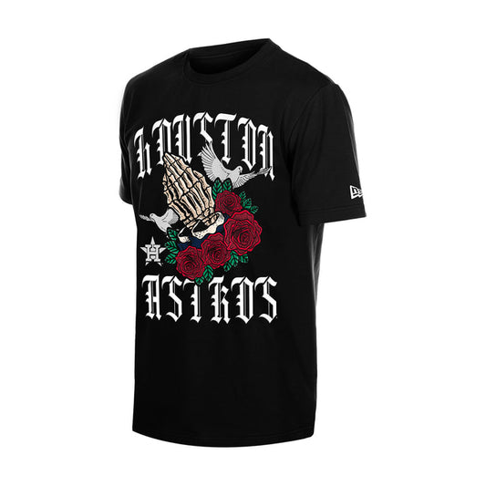 Men's black graphic tee with gothic hand and red rose front print
