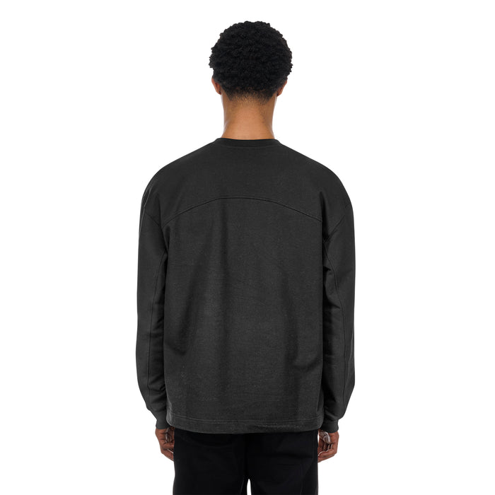 Men's black long-sleeve crewneck T-shirt, plain back with small seam detail