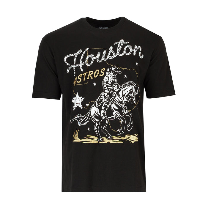 Men's black graphic western tee with Houston Astros logo and cowboy on horse front print
