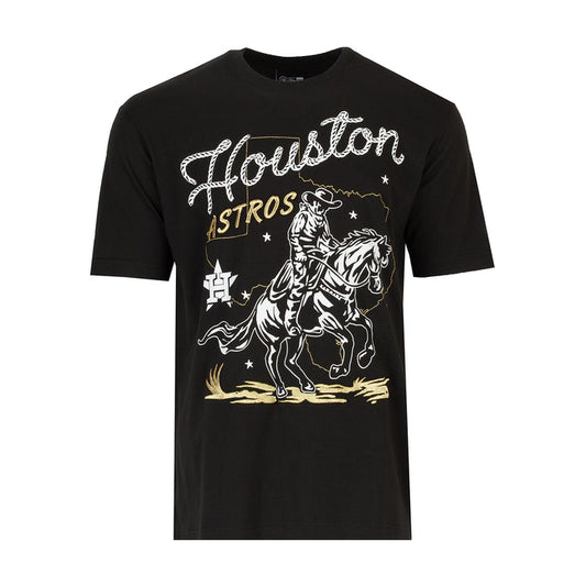 Men's black graphic western tee with Houston Astros logo and cowboy on horse front print