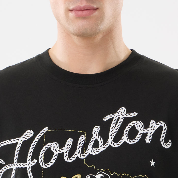 Men's black western tee close-up of Houston script and Astros logo graphic on chest