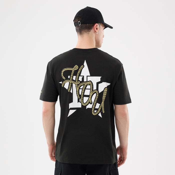 Men's black western tee back view with large Houston Astros graphic in white and gold