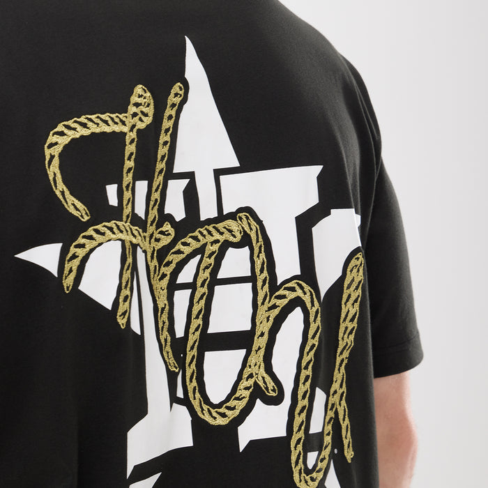 Men's black tee back close-up of large white Houston text with gold rope detailing