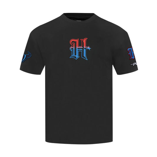 Men's black Houston Texans wave T-shirt with central HT logo and sleeve graphics