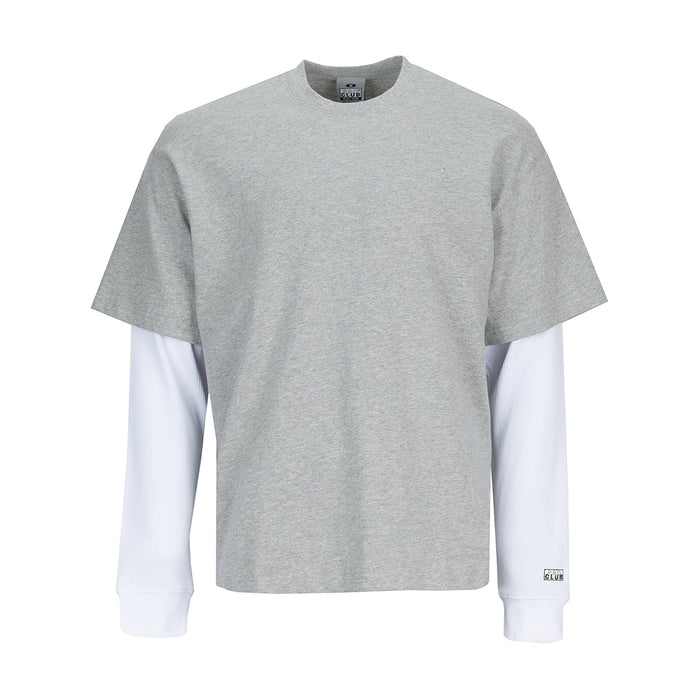 Men's heather gray thermal T-shirt with white long-sleeve base layer at cuffs