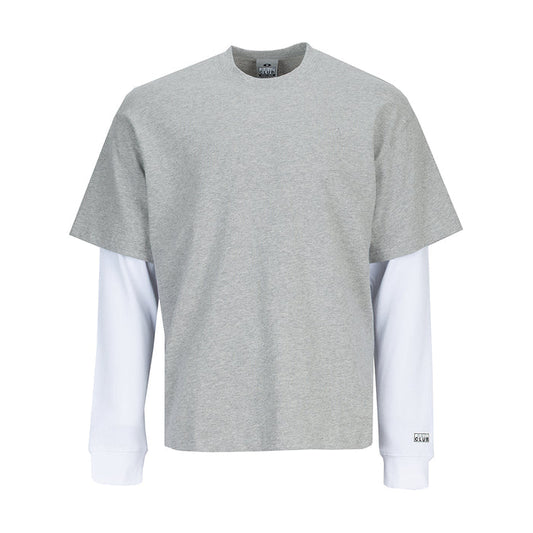Men's heather gray thermal T-shirt with white long-sleeve base layer at cuffs