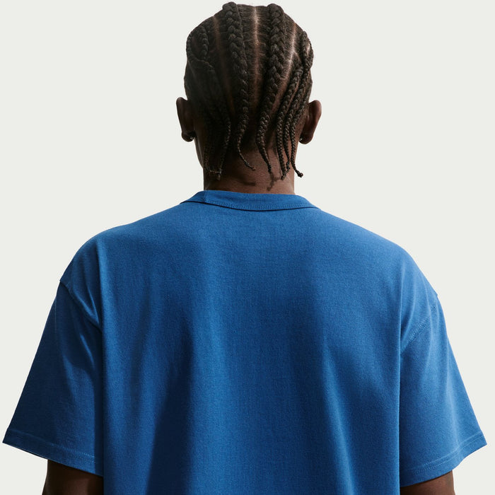 Court blue men’s T-shirt back view, crewneck and hem visible