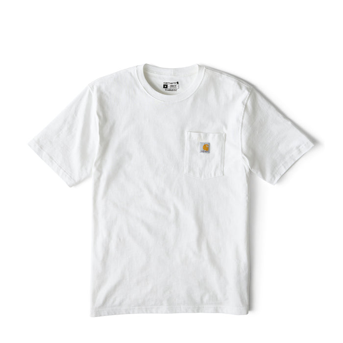 White loose-fit men’s pocket tee with small logo patch on the chest pocket