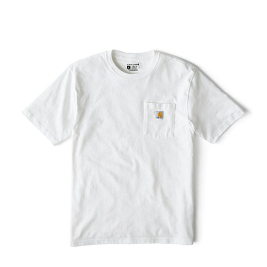 White loose-fit men’s pocket tee with small logo patch on the chest pocket