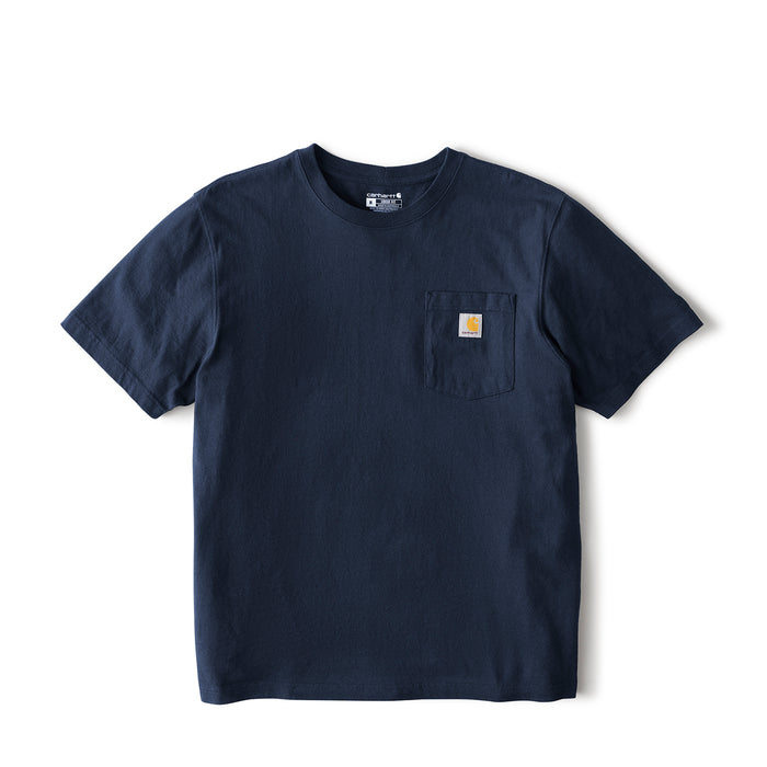Men's navy loose-fit pocket T-shirt with front chest pocket and Carhartt label