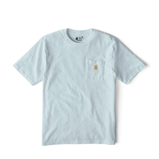 Men's loose-fit pocket T-shirt, light blue crew neck, chest pocket with logo patch.
