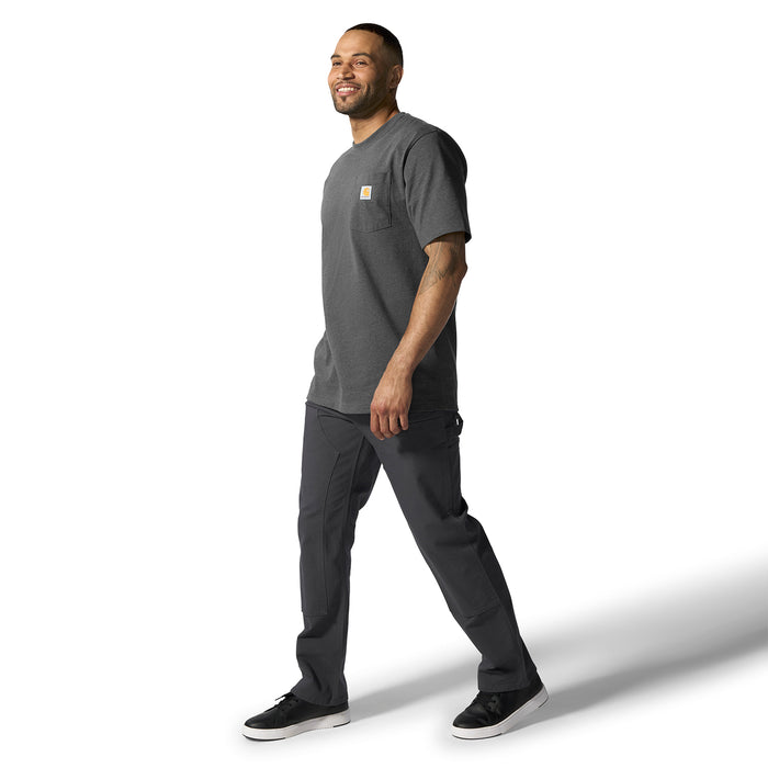 Carbon heather pocket T-shirt, crew neck, short sleeves, side view.