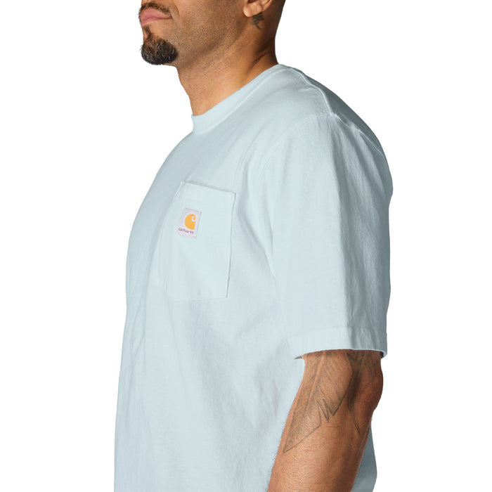 Light blue loose-fit pocket T-shirt, crew neck with chest pocket detail.