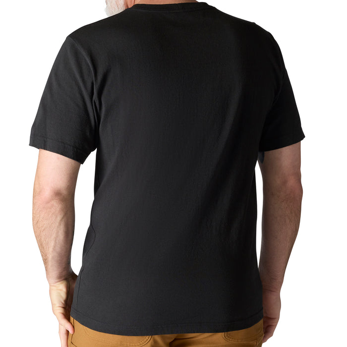 Black men’s pocket tee back view with crew neck and short sleeves