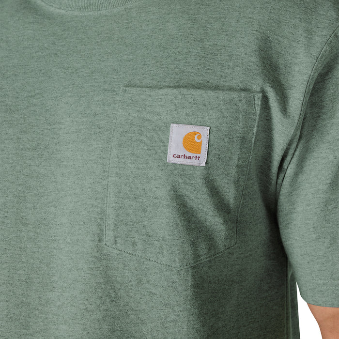 Close-up of green slate heather tee chest pocket and Carhartt label