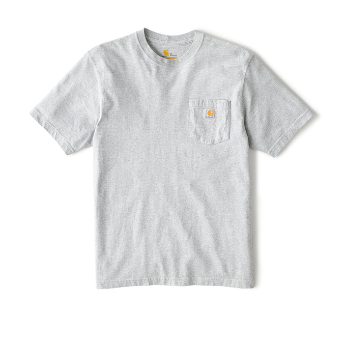 Heather grey loose-fit pocket tee with crew neck, short sleeves, and chest logo pocket.