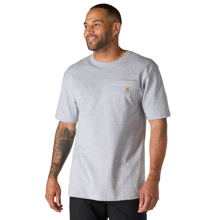 Heather grey crew-neck pocket tee on model, short sleeves, relaxed fit, chest logo.