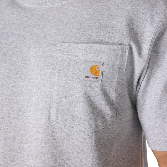 Heather grey chest pocket tee with visible pocket and Carhartt logo patch.