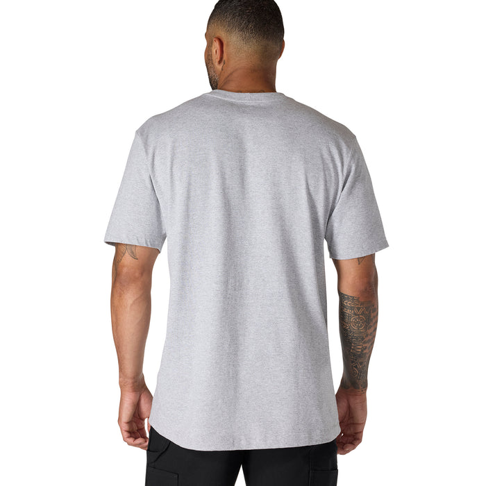 Heather grey pocket tee with crew neck and short sleeves, shown from back.